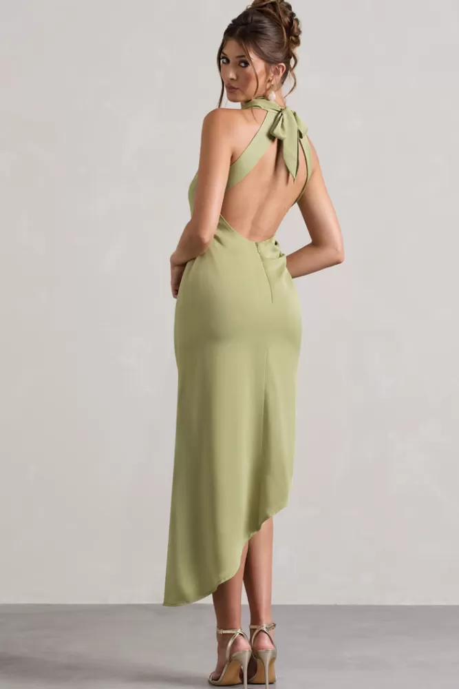 Club L London Sophina | Light Olive Satin Cowl-Neck Asymmetric Midi Dress OLIVEGREEN Hot