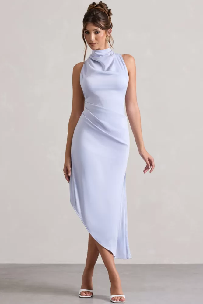 Club L London Sophina | Sky Blue Satin Cowl-Neck Asymmetric Midi Dress POWDERBLUE Discount