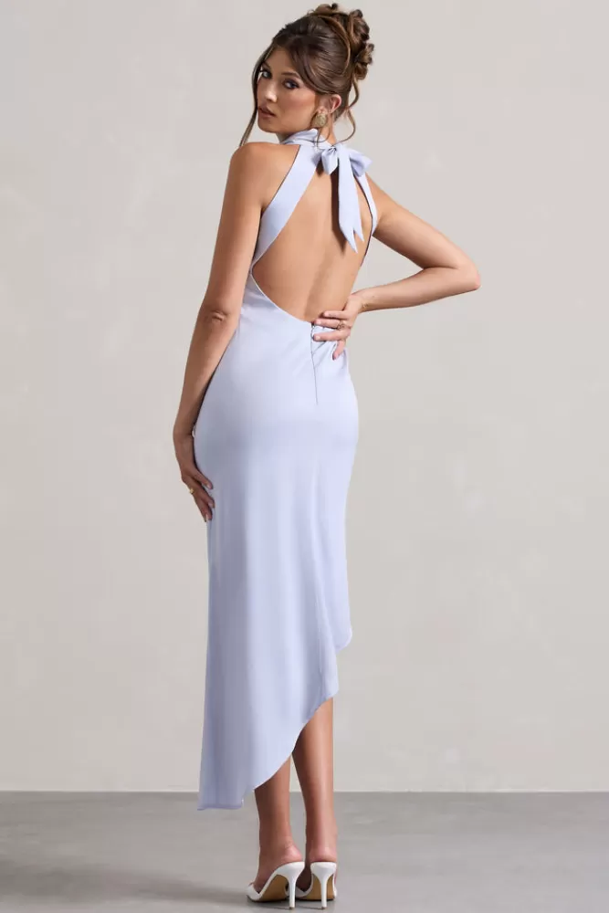 Club L London Sophina | Sky Blue Satin Cowl-Neck Asymmetric Midi Dress POWDERBLUE Discount