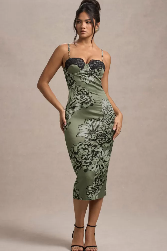 Club L London Soprano | Olive Floral Print Satin Sweetheart Lace Trim Midi Dress FLORALPRINT Hot
