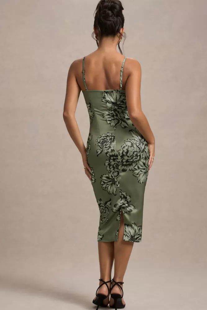 Club L London Soprano | Olive Floral Print Satin Sweetheart Lace Trim Midi Dress FLORALPRINT Hot