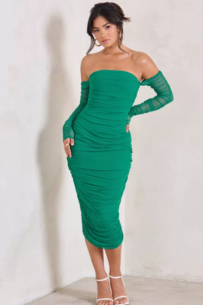 Club L London Sorella | Ruched Mesh Bardot Midi Dress GREEN Cheap