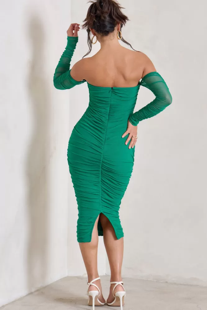 Club L London Sorella | Ruched Mesh Bardot Midi Dress GREEN Cheap