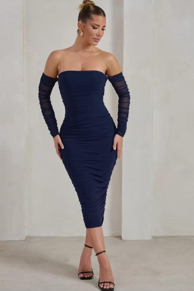 Club L London Sorella | Ruched Mesh Bardot Midi Dress NAVY Clearance