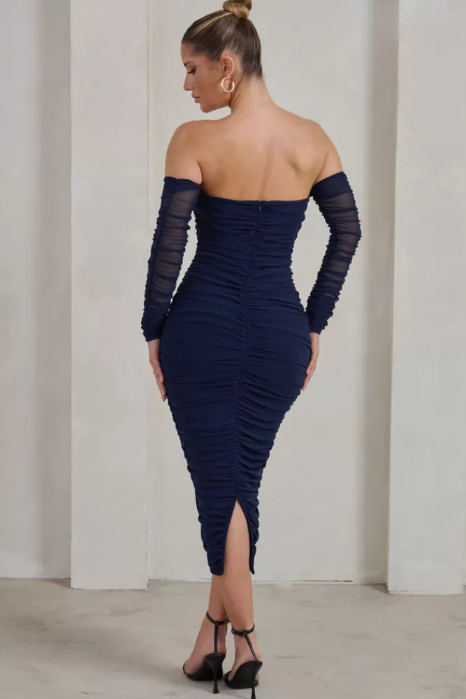 Club L London Sorella | Ruched Mesh Bardot Midi Dress NAVY Clearance