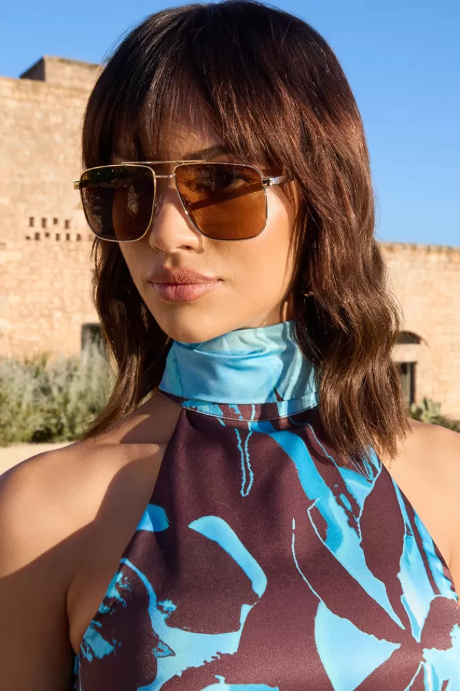 Club L London Sorrento | Otra Gold Oversized Brown Tinted Sunglasses GOLD/BROWN Cheap
