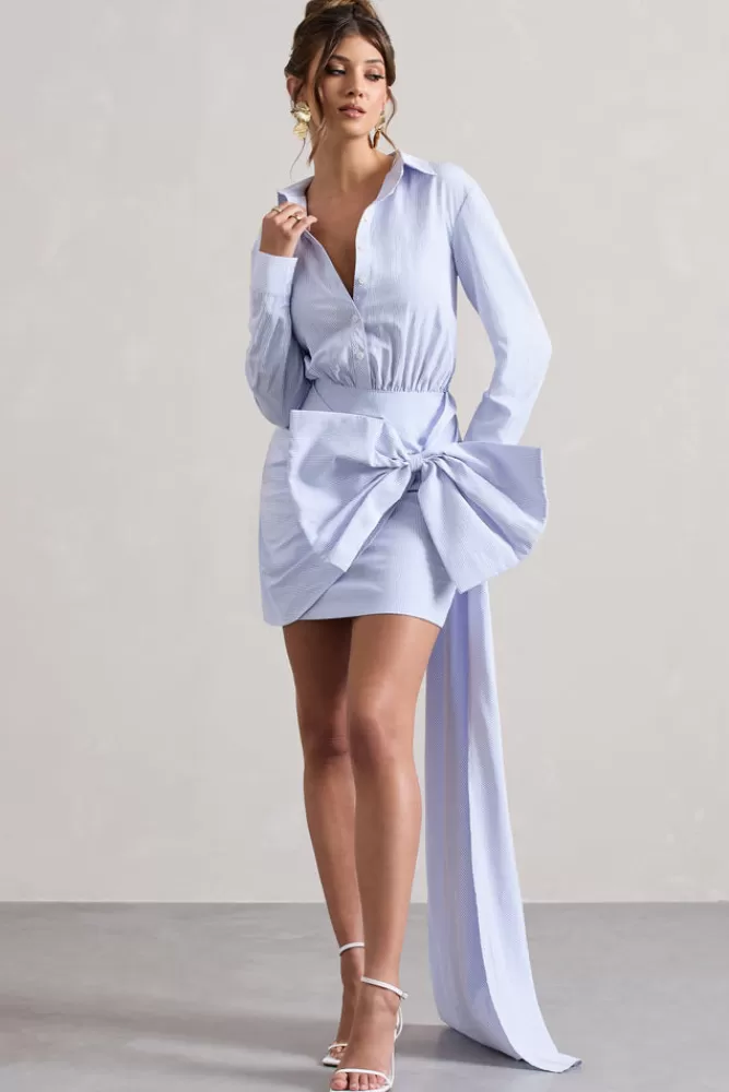 Club L London Sovereign | Blue Pinstripe Shirt Mini Dress With Oversized Bow STRIPED Best Sale
