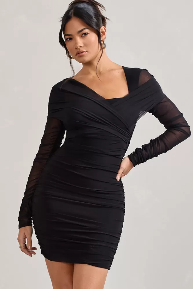 Club L London Sparks Fly | Ruched Mesh Long-Sleeved Bodycon Mini Dress BLACK Outlet