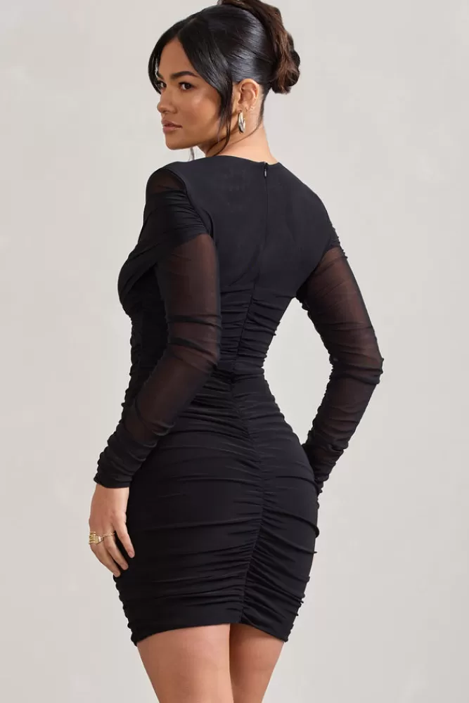 Club L London Sparks Fly | Ruched Mesh Long-Sleeved Bodycon Mini Dress BLACK Outlet