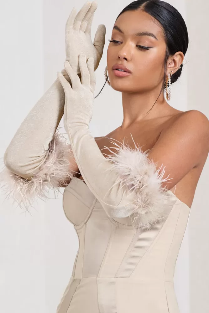 Club L London Spicy Signs | Long-Sleeved Feather Gloves CHAMPAGNE New