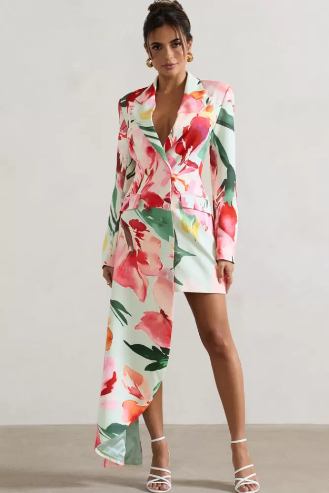 Club L London Spiral | Mint Floral Tailored Blazer Mini Dress With Asymmetric Hem PINKFLORALPRINT New
