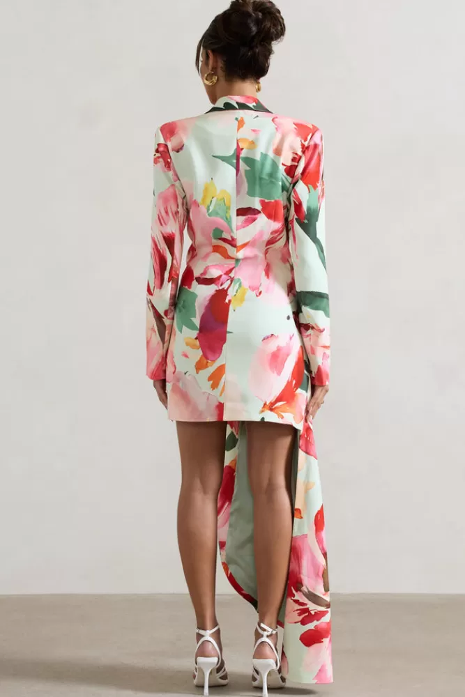 Club L London Spiral | Mint Floral Tailored Blazer Mini Dress With Asymmetric Hem PINKFLORALPRINT New