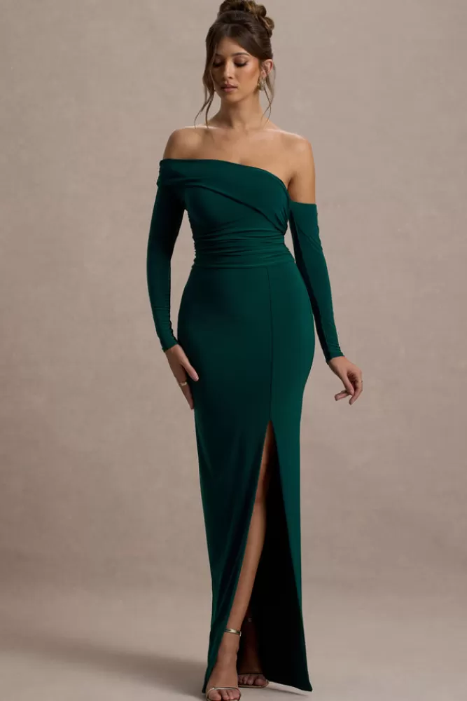 Club L London Stand Out | Bottle Green Bardot Long Sleeve Ruched Maxi With Side Split BottleGreen Fashion