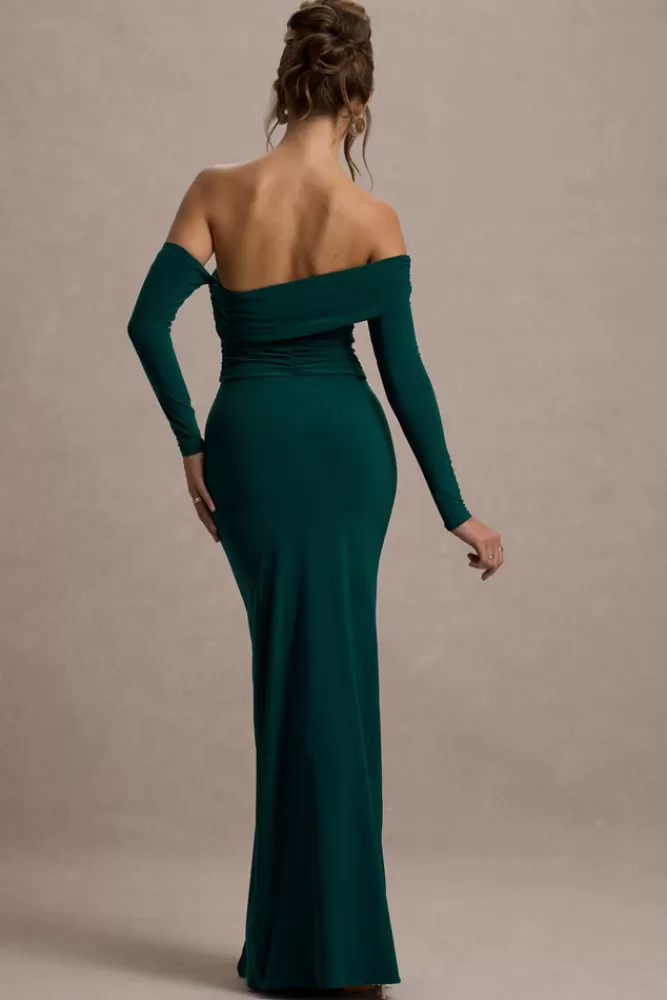 Club L London Stand Out | Bottle Green Bardot Long Sleeve Ruched Maxi With Side Split BottleGreen Fashion