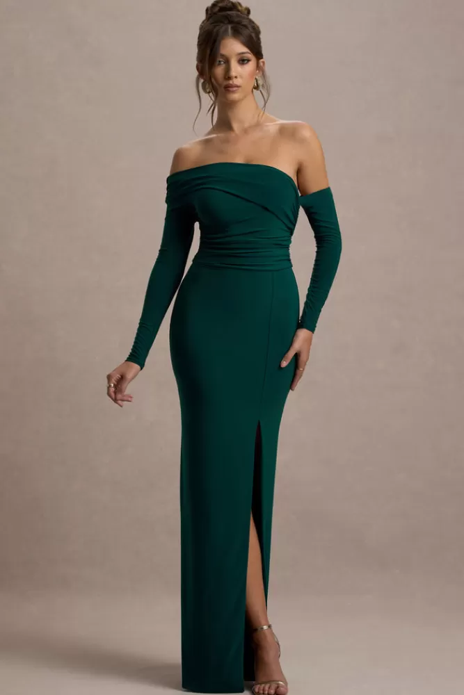 Club L London Stand Out | Bottle Green Bardot Long Sleeve Ruched Maxi With Side Split BottleGreen Fashion