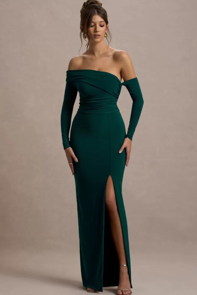 Club L London Stand Out | Bottle Green Bardot Long Sleeve Ruched Maxi With Side Split BottleGreen Fashion