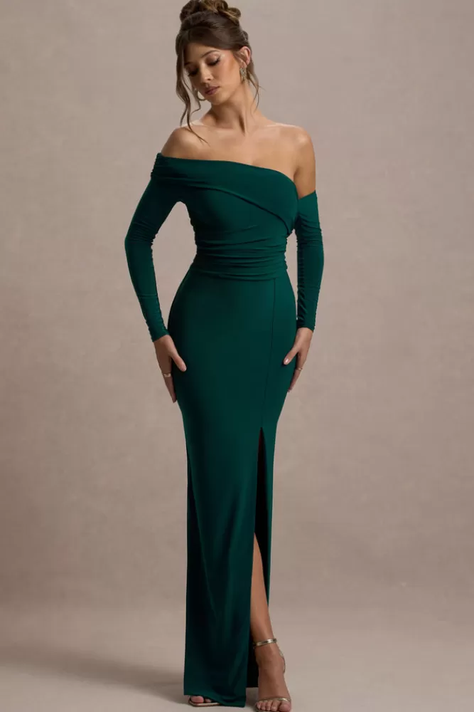Club L London Stand Out | Bottle Green Bardot Long Sleeve Ruched Maxi With Side Split BottleGreen Fashion