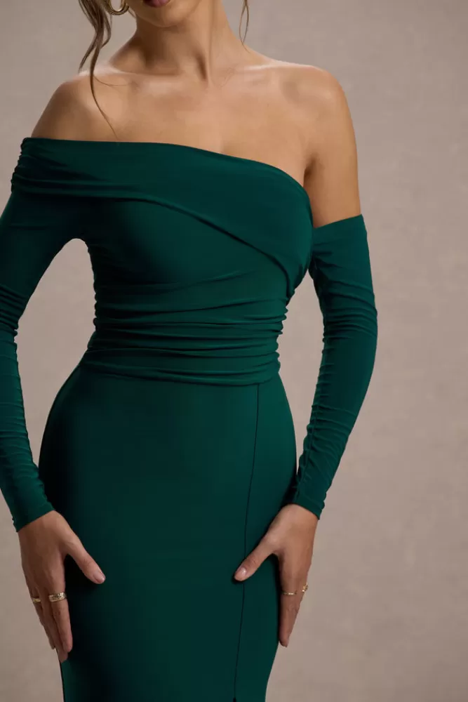 Club L London Stand Out | Bottle Green Bardot Long Sleeve Ruched Maxi With Side Split BottleGreen Fashion