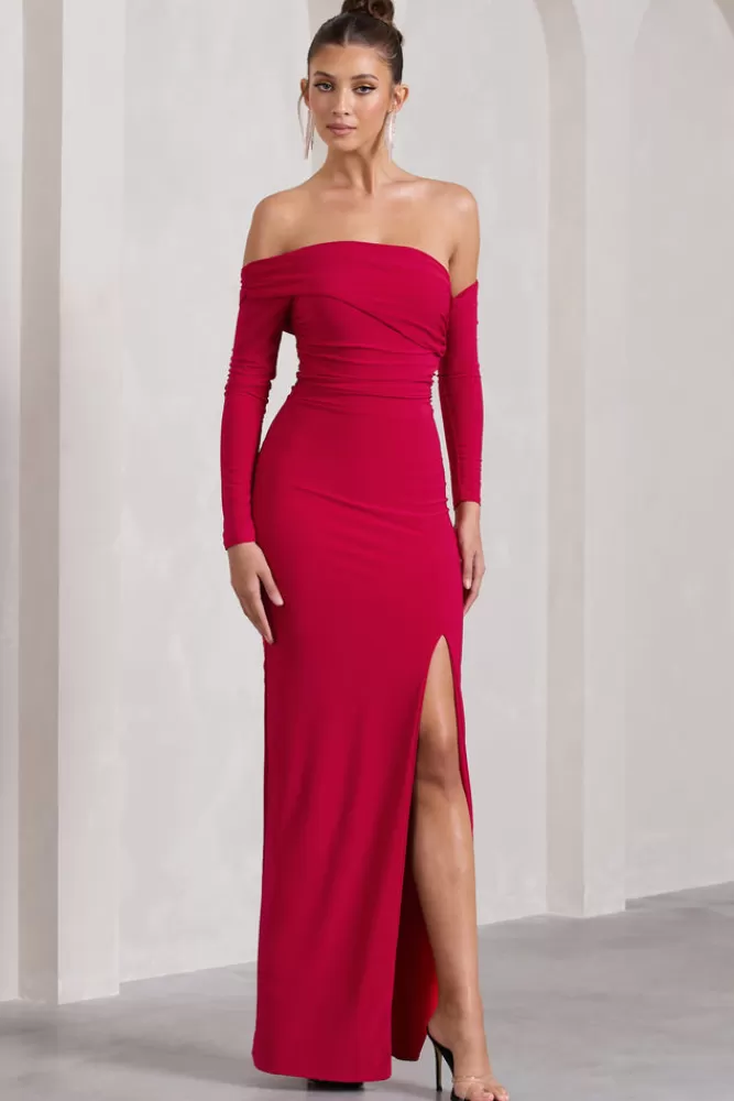 Club L London Stand Out | Bardot Long Sleeve Ruched Maxi With Side Split Red Best