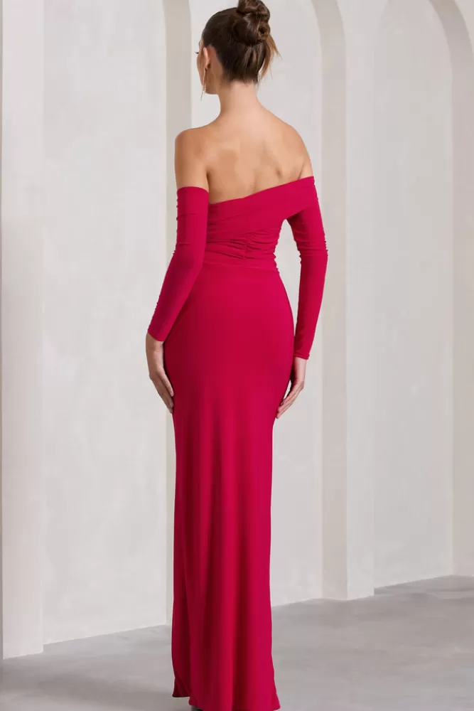 Club L London Stand Out | Bardot Long Sleeve Ruched Maxi With Side Split Red Best