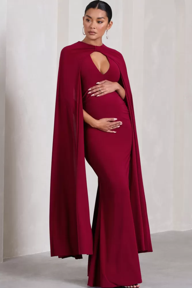 Club L London Standing Ovation | Berry Plunge-Neck Cape Maternity Maxi Dress DARKCHERRY Hot