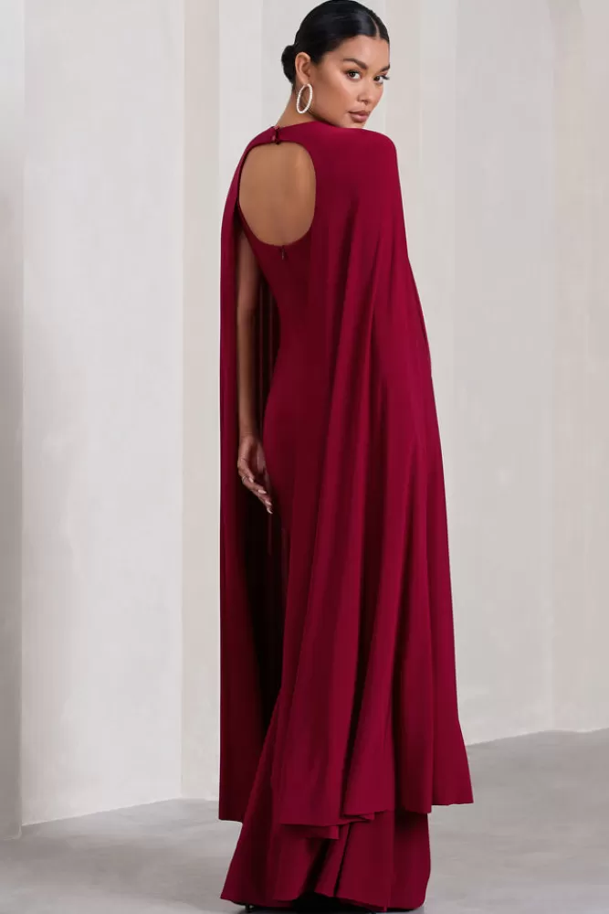 Club L London Standing Ovation | Berry Plunge-Neck Cape Maternity Maxi Dress DARKCHERRY Hot