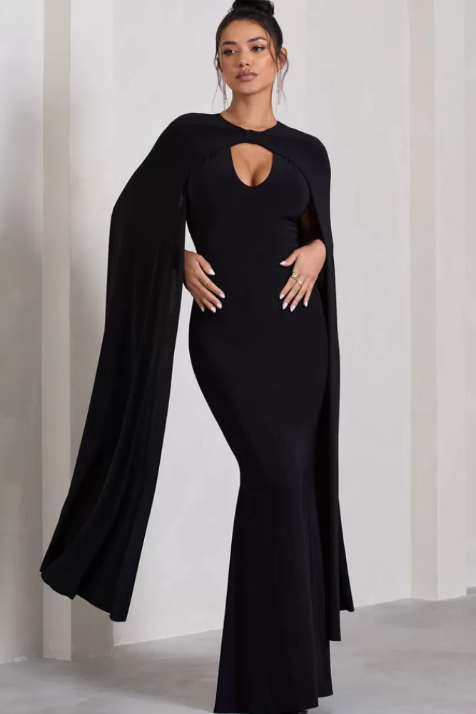 Club L London Standing Ovation | Plunge-Neck Cape Maxi Dress BLACK Hot