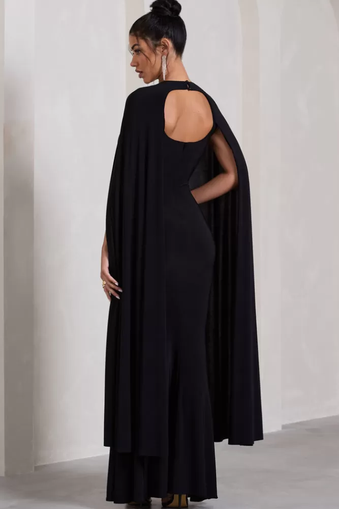 Club L London Standing Ovation | Plunge-Neck Cape Maxi Dress BLACK Hot