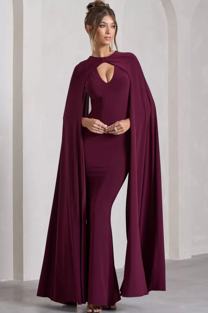 Club L London Standing Ovation | Plunge-Neck Cape Maxi Dress BURGUNDY Discount