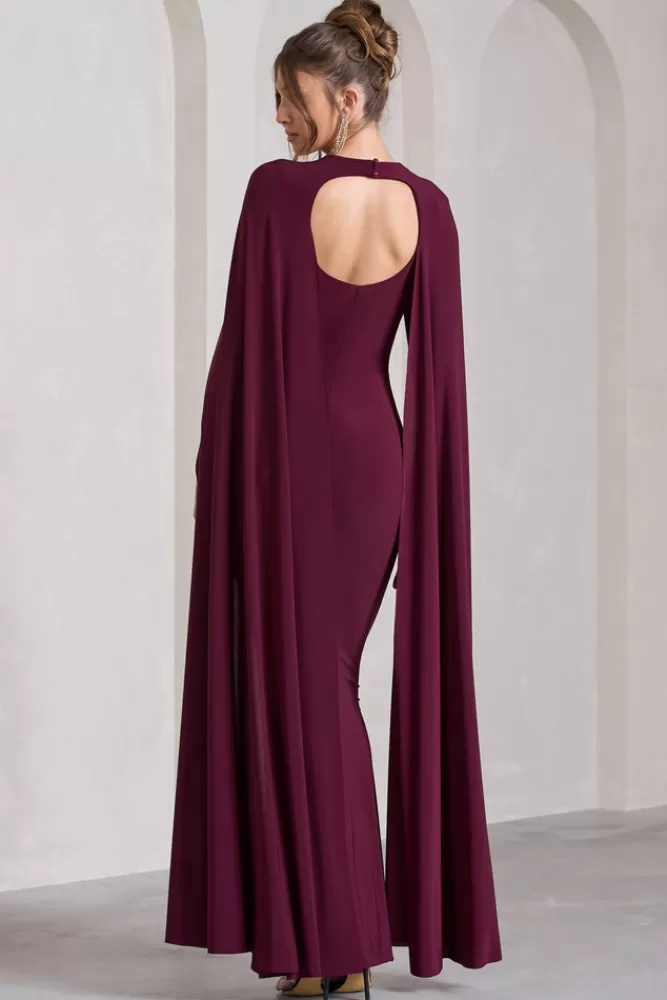 Club L London Standing Ovation | Plunge-Neck Cape Maxi Dress BURGUNDY Discount