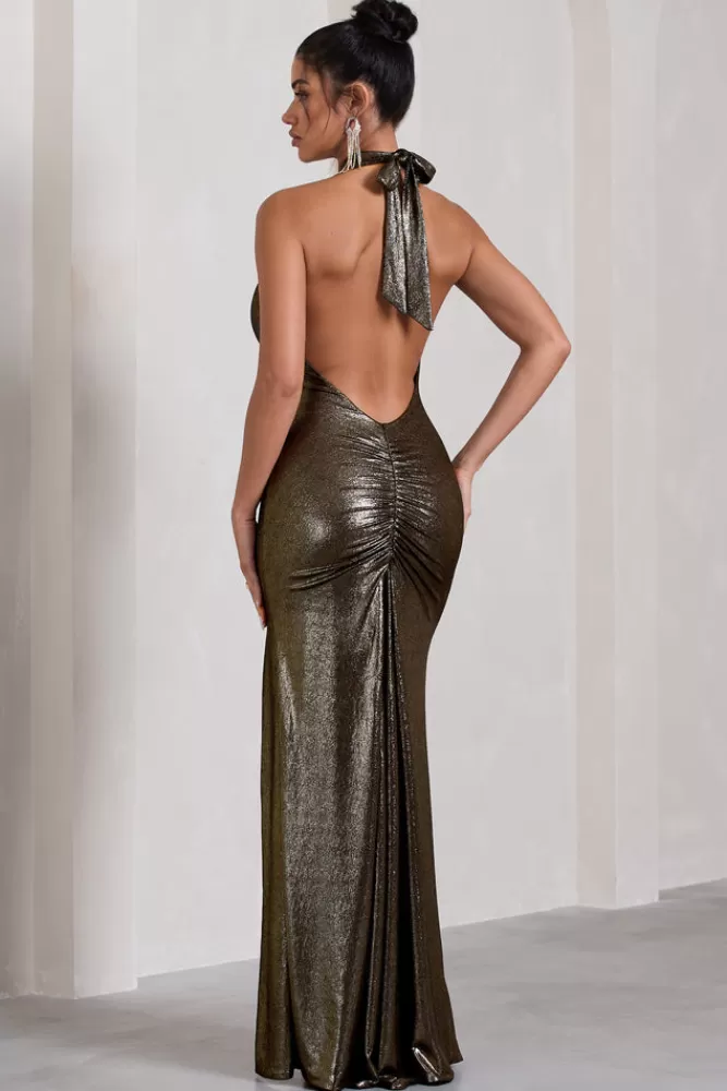 Club L London Star Quality | Gold Metallic Halter-Neck Open-Back Split Maxi Dress DARKSILVERMETALLIC Outlet