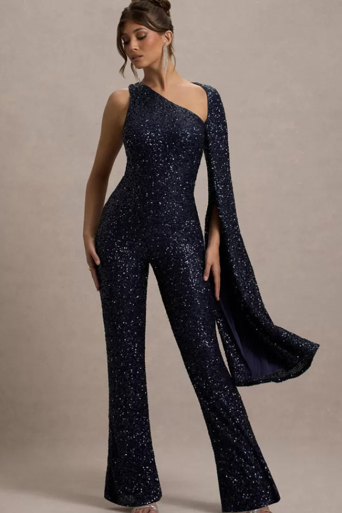 Club L London Star Seeker | Sequin One-Shoulder Cape Sleeve Jumpsuit NAVY New