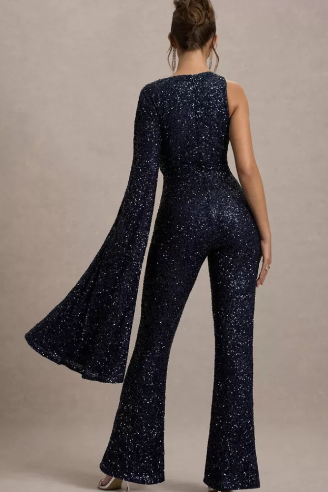 Club L London Star Seeker | Sequin One-Shoulder Cape Sleeve Jumpsuit NAVY New