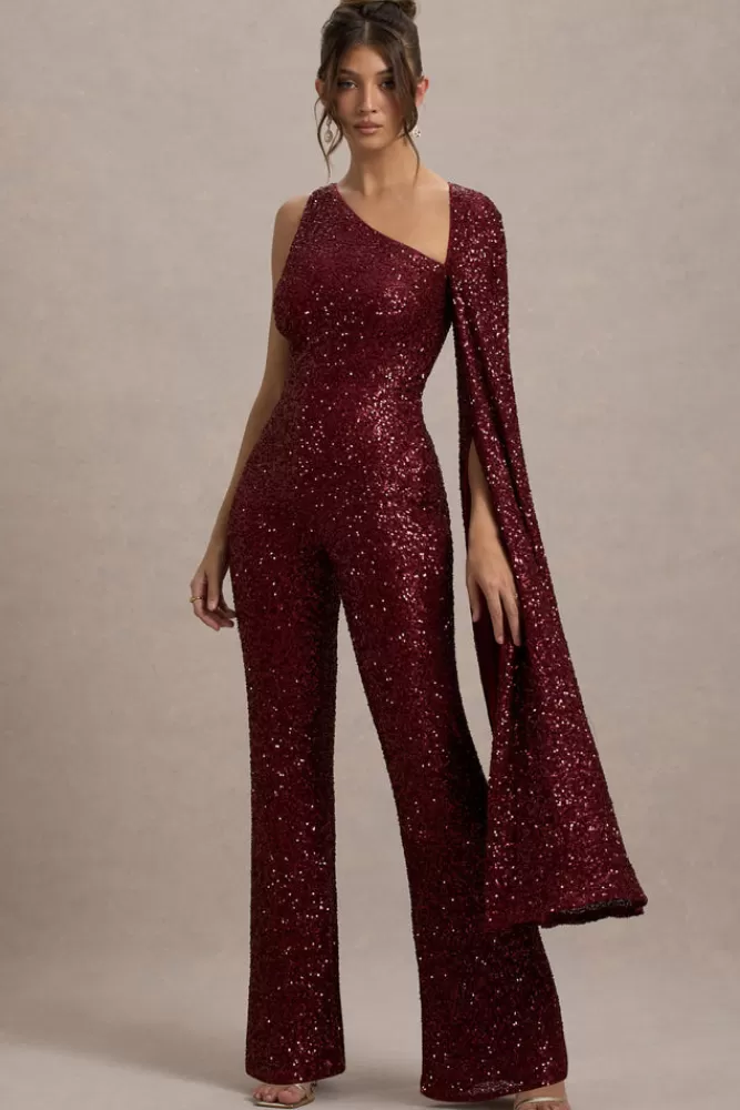 Club L London Star Seeker | Sequin One-Shoulder Cape Sleeve Jumpsuit PORT Cheap