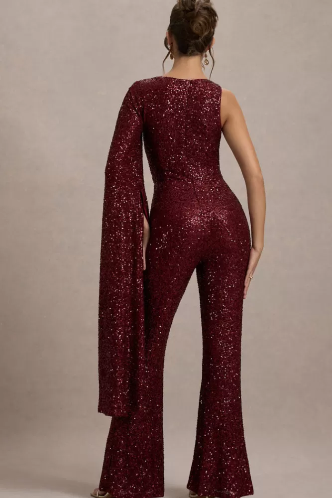 Club L London Star Seeker | Sequin One-Shoulder Cape Sleeve Jumpsuit PORT Cheap