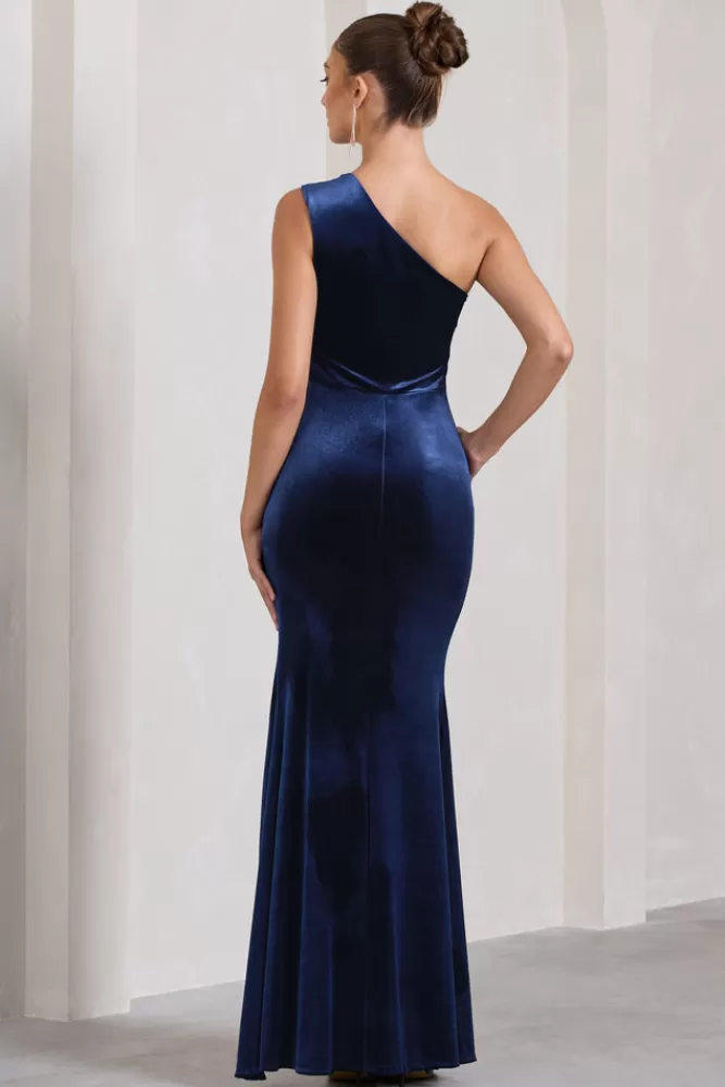 Club L London Stargazing | Velvet Asymmetric Split Maxi Dress NAVY Online