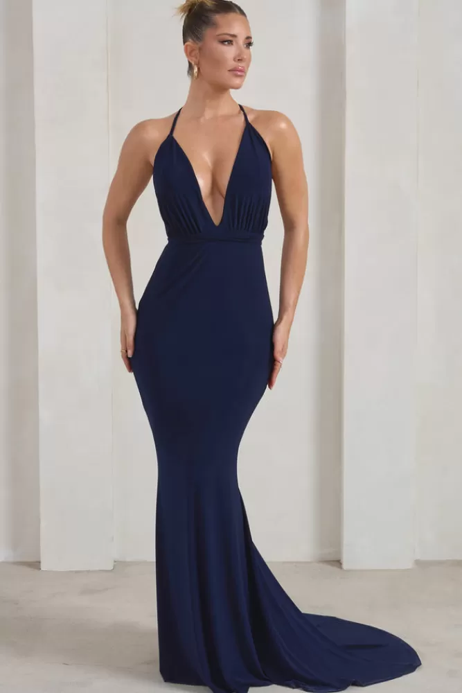 Club L London Starlet |   Plunge Maxi Dress With Multiway Straps NAVY Cheap