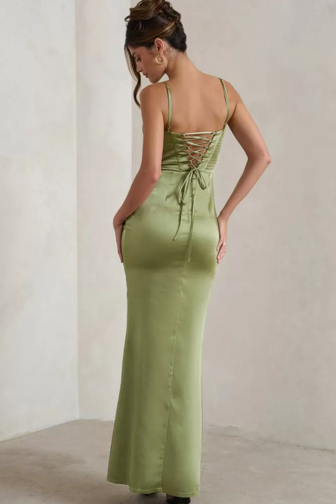 Club L London Starlight | Green Cowl Corset Satin Wrap Maxi Dress OLIVE Flash Sale
