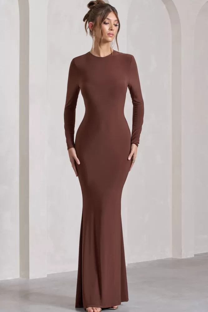 Club L London Starring | Chocolate Brown Long-Sleeve Backless Fishtail Maxi Dress CHOCOLATEDRIZZLE Flash Sale