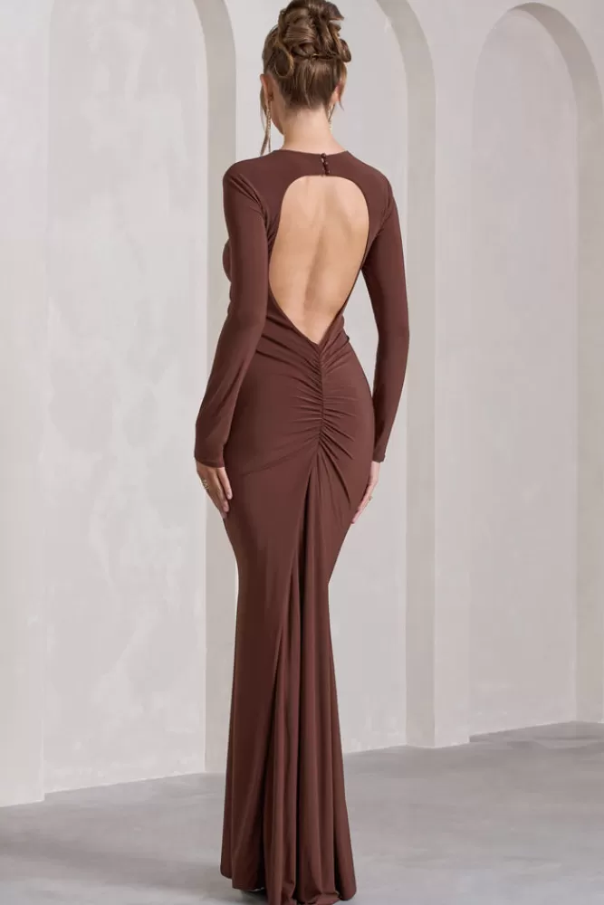 Club L London Starring | Chocolate Brown Long-Sleeve Backless Fishtail Maxi Dress CHOCOLATEDRIZZLE Flash Sale