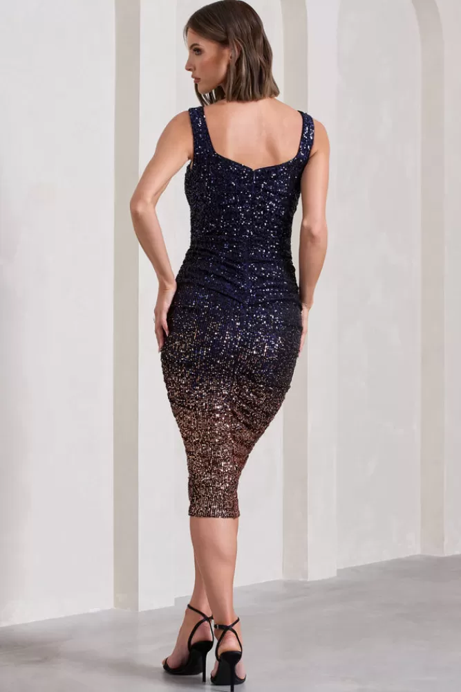 Club L London Starry Night | Navy Gold Ombre Sequin Square-Neck Midi Dress NAVYGOLDOMBRE Store