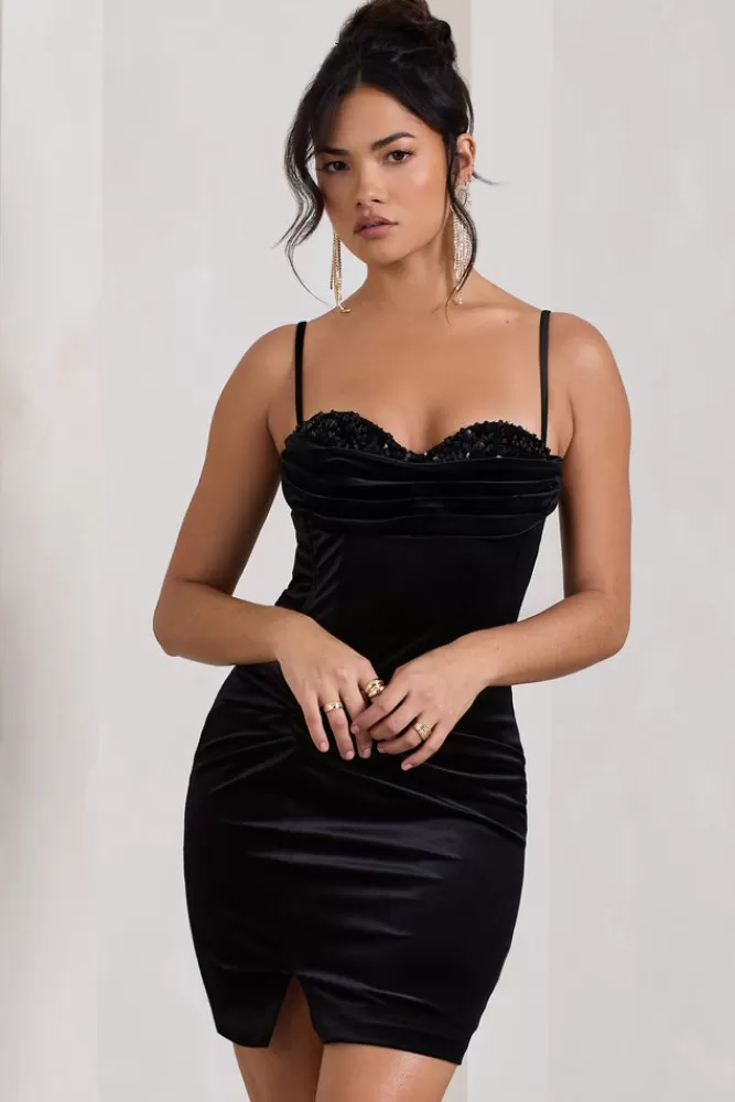 Club L London Starstruck | Velvet Strappy Corset Mini Dress BLACK Hot