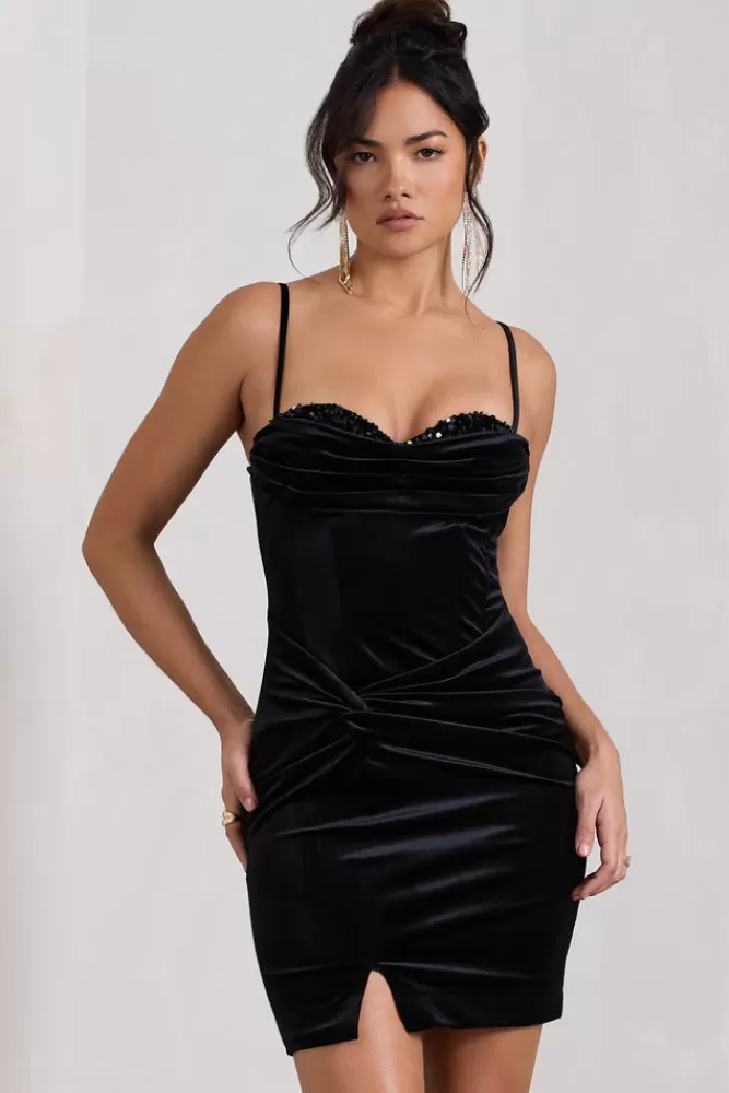 Club L London Starstruck | Velvet Strappy Corset Mini Dress BLACK Hot