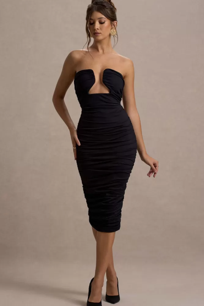 Club L London Stately | Cut-Out Ruched Bodycon Midi Dress BLACK Clearance