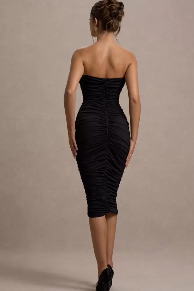 Club L London Stately | Cut-Out Ruched Bodycon Midi Dress BLACK Clearance