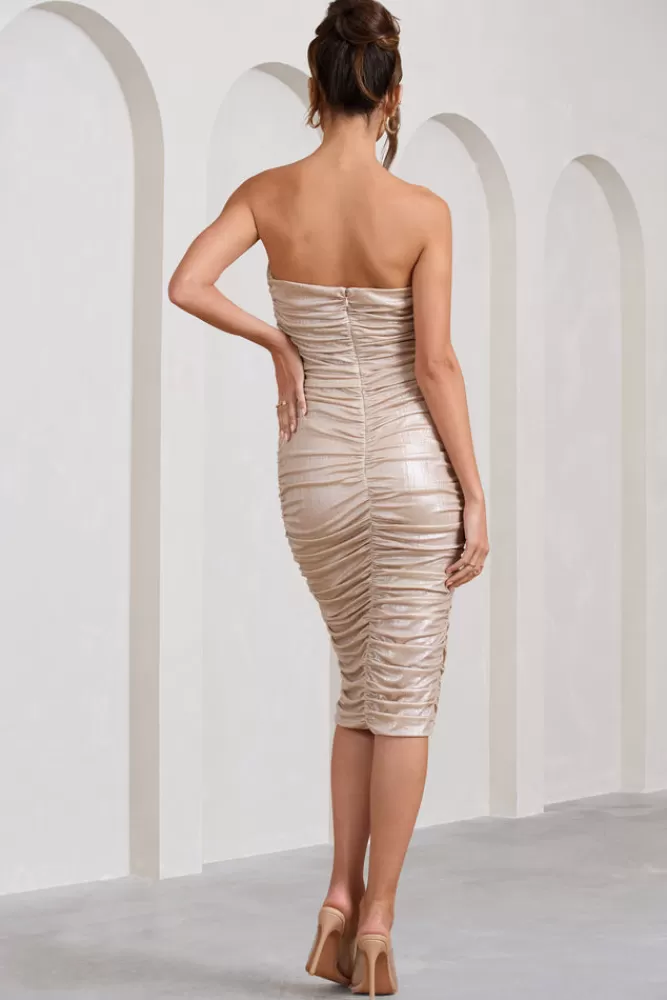 Club L London Stately | Cut-Out Ruched Bodycon Midi Dress CHAMPAGNE Outlet