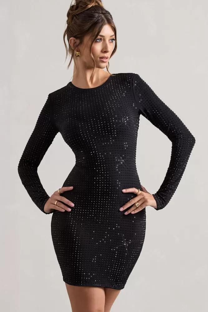 Club L London Stefani | Embellished Cowl-Back Long Sleeve Mini Dress BLACK New