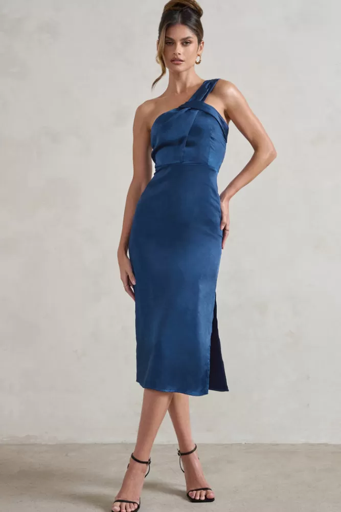 Club L London Steffie | Asymmetric Satin Midi Dress NAVY Online