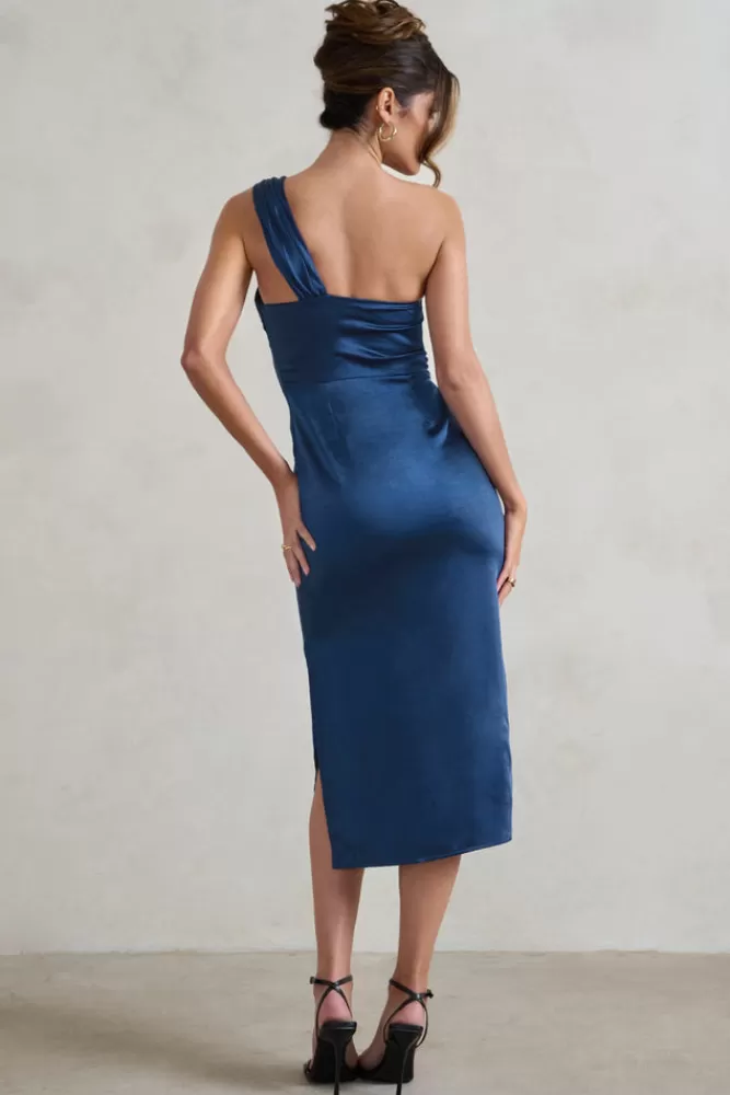 Club L London Steffie | Asymmetric Satin Midi Dress NAVY Online