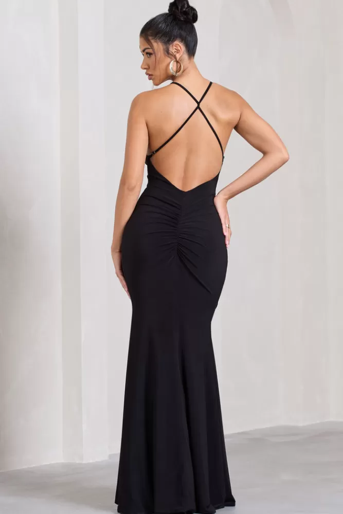 Club L London Stellar | Halter-Neck Twisted Split Maxi Dress BLACK Best Sale